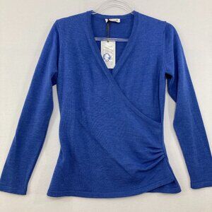 New Kettlewell Small Blue Merino Wool Wrap Ruched Side Light Sweater Elegant
